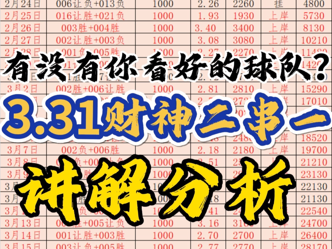 3.31日财神二串一讲解他来了，三月底的最后一场比赛，今天定能完美收官家人们！整！